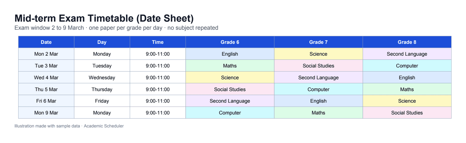 Mid-term exam timetable date sheet with one paper per grade per day